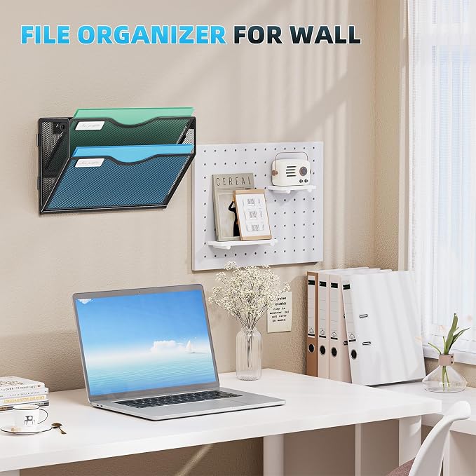 Marbrasse Wall File Holder 2-Tier Hanging Wall File Organizer, Mesh Mail Holder for Papers, Wall Mount File Clipboard & Magazine Organizer Great for Office Home - 2P