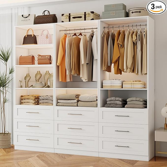Closet System with 9 Drawers, 6FT-16FT Wood Closet Organizer System, Walk-in Closet for Closet System with Shelves, Modular Closet Storage Systems with 5 Expandable Hanging Rods, 3 Sets