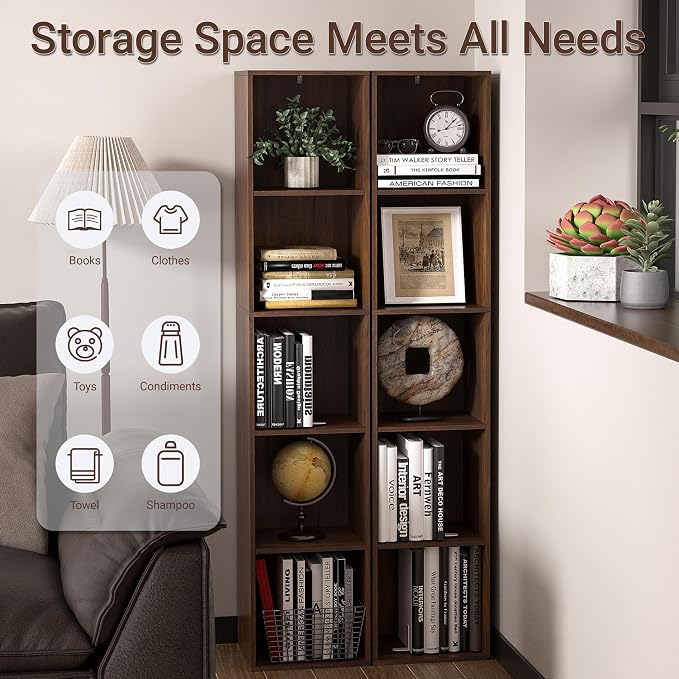 5 Cube Storage Organizer, Narrow Open Shelf Bookcase, Freestanding 5 Tier Low Display Bookshelf for Home Office, Living Room, Bedroom, Dark Brown & Black Walnut