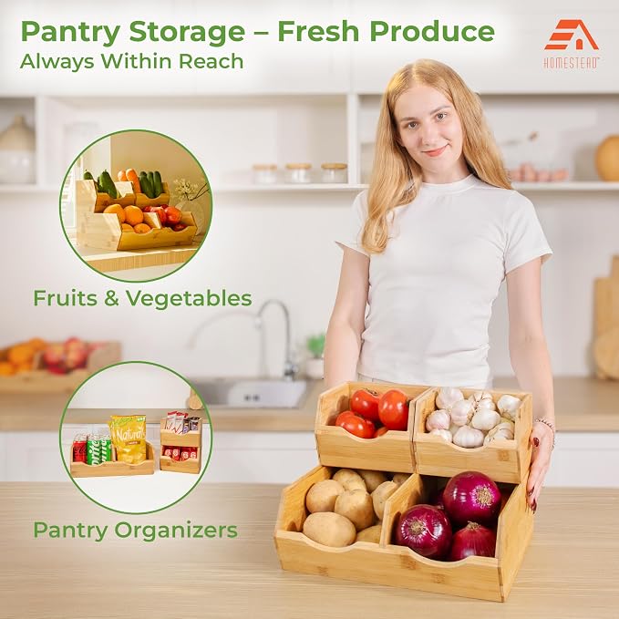 HOMESTEAD Bamboo Pantry Storage Bins – Stackable Potato & Onion Storage Bin for Kitchen Countertop, Pantry Organizer, Fruit Vegetable Basket, Multiuse - Set of 3 Slide-Out Access