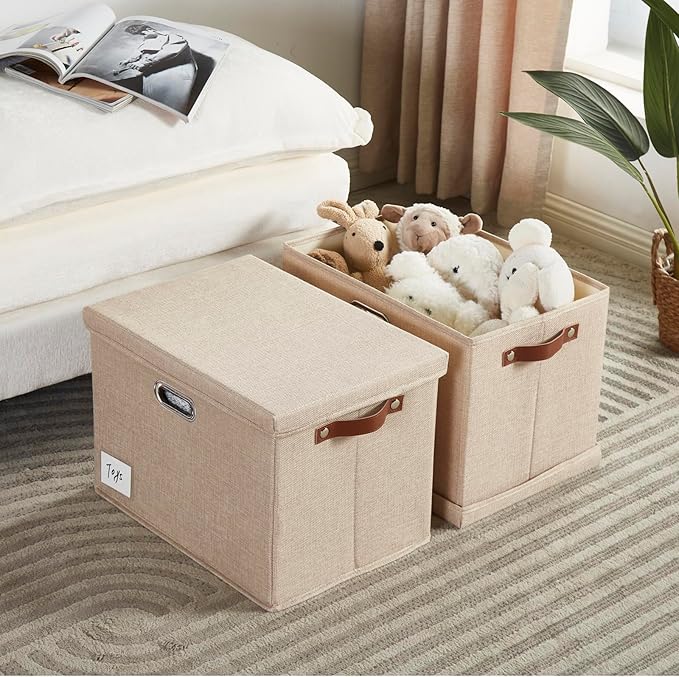 15" Large Collapsible Storage Bins with Lids, Stackable Closet Organizers with PU Handle and Labels, 3-Pack Decorative Fabric Storage Boxes for Home, Bedroom, Closet, Office, Nursery(Khaki)
