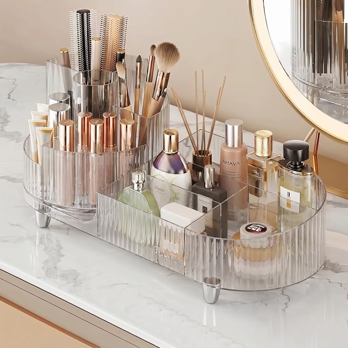 Booklov Rotating Makeup Organizer for Vanity Countertop, Clear | Clear Acrylic Cosmetic Display Case, Large Beauty Brush Holder for Bathroom Counter, Skincare Lipsticks Storage