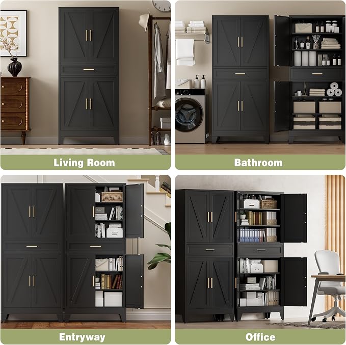 COFaR 71" Tall Metal Storage Cabinet with 4 Doors and 4 Adjustable Shelves, 6-Tier Farmhouse Storage Cabinet with Drawers and Legs, for Office, Home, Garage, Gym, School, Living Room, Hallway（Black）