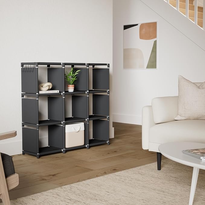 Mavivegue Book Shelf, 9 Cube Storage Organizer, DIY Bookcase, Metal Cube Bookshelf, Tall Book case for Bedroom, Living Room,Office, Closet Storage Organizer, Black Cubicle Storage Rack