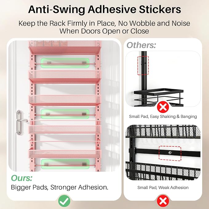 SNTD 8 Tiers Over the Door Organizer - Height Adjustable Pantry Organizers and Storage with Dense Mesh Baskets, Anti-Swing Hanging Door Spice Rack for Kitchen Bathroom (Pink, 17" W x 6" D x 69" H)