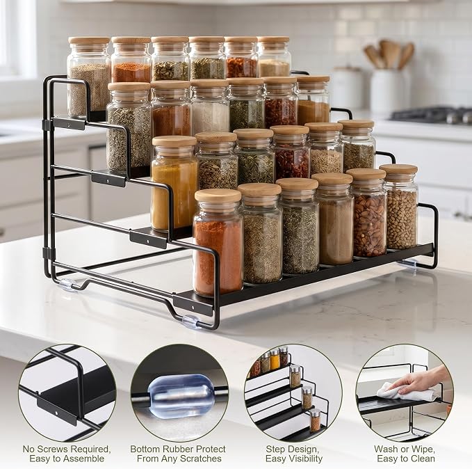 4 Tier Adjustable Spice Rack Organizer for Cabinet & Countertop | Adjustable-Depth Shelves, Tiered Visible Display, Raised Edge Guard, Vertical Space Saver, Metal Construction, Black