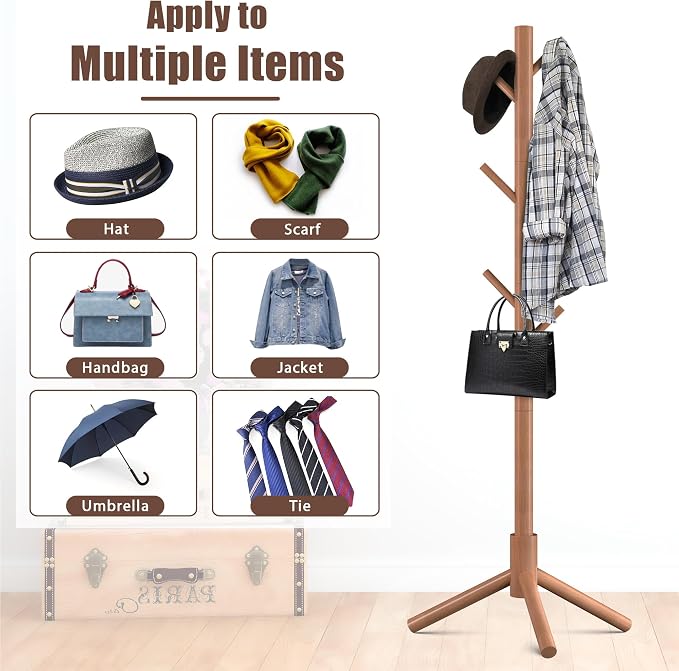 Haddockway Wooden Coat Rack Stand with 8 Hooks New Zealand Pine 3 Adjustable Coat Standing Tree Easy Assembly for Coats, Hats, Scarves and Handbags for Entryway, Hallway, Bedroom, Office