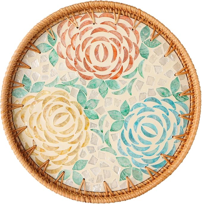 Round Rattan Tray with Mother of Pearl Inlay, Wooden Base | Coffee Table Serving Tray, Home Decorative Wicker Woven, for Outoor Patio Decor