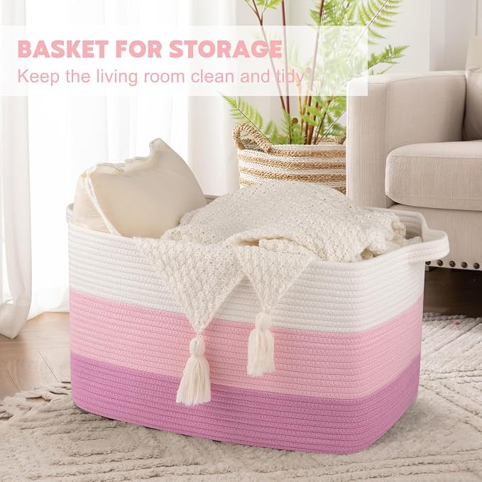 OIAHOMY Large Blanket Basket, 65L Cotton Rope Woven Laundry Basket, Toy Bin for Baby Room, Container for Blanket Storage in Living Room, 20''×16''×12'', Gradient Pink
