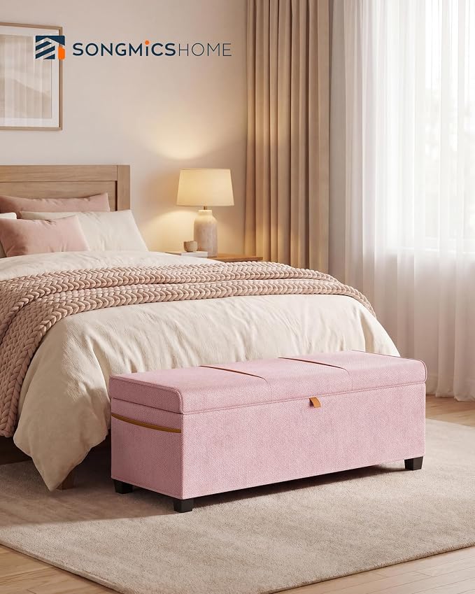 SONGMICS Home Storage Ottoman, 27 Gallons End of Bed Bench, 15.9 x 43.5 x 15.9 Inches, for Bedroom, Entryway, Living Room, Pink