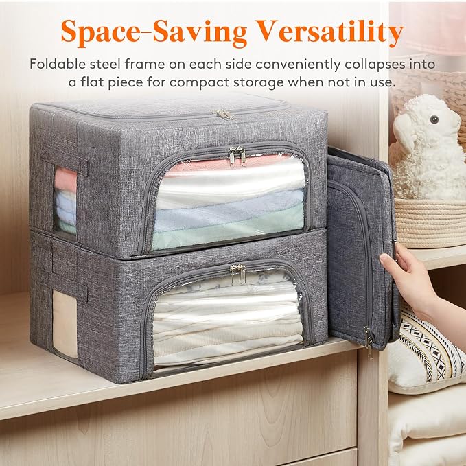 Lifewit Clothes Storage Bins with Metal Frame, Stackable Storage Box, Foldable Clothing Storage Bins with Lids, 25L Storage Bags Fabric Box Organizer with Clear Window＆ Zippers＆ Sturdy Handles 6 Pack