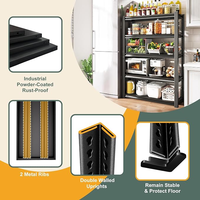 48" W Garage Shelving Heavy Duty, 5-Tier Metal Storage Racks, 2800LBS Loads, Adjustable Shelves, Black