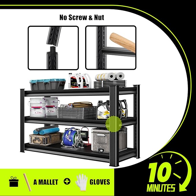 3-Tier Garage Shelving Heavy Duty,48”W x 18”D x 39”H Metal Shelving Unit，1620 lbs Weight Capacity Adjustable Storage Shelves for Retiple Tanks, Pantry, Garage，Black