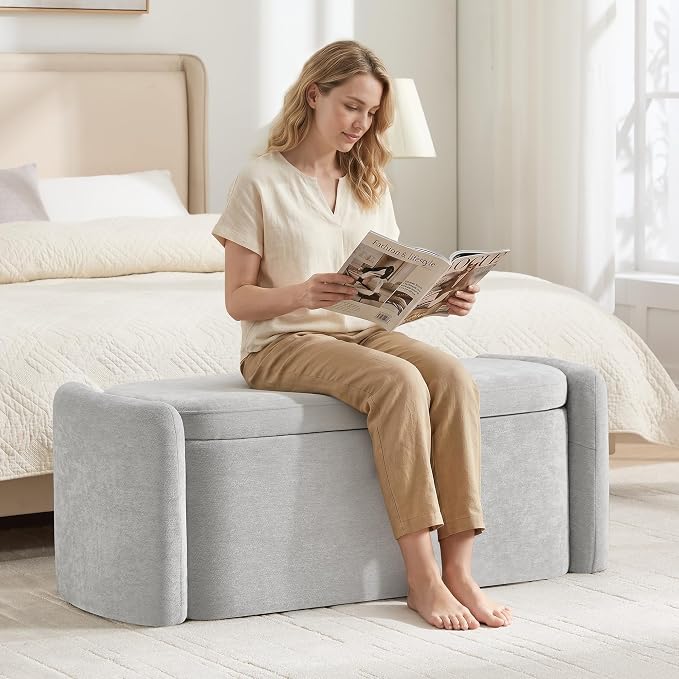 Oval Ottoman Bench with 20 Gal of Storage Space Upholstered Chenille Seat End of Bed Storage Bench Storage Ottoman with Storage for Bedroom, Living Room, Entryway, Window (Light Gray)
