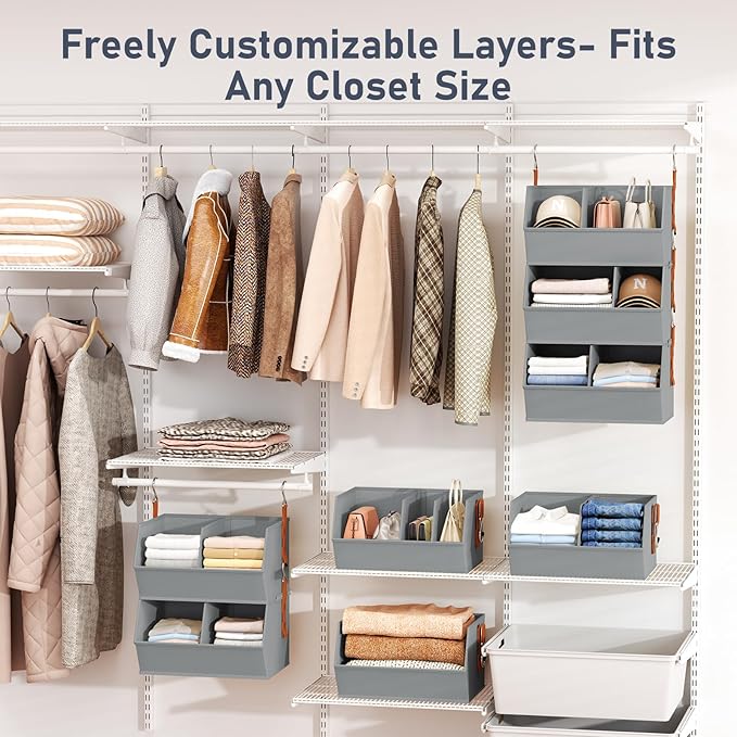 Hanging Closet Organizer Extra Large, Clothes Hanging Shelves for Closet with Divider, Collapsible Closet Storage System, Fabric Storage Bins for Home, Dorm, Rv, Sweaters, Handbags, Underwear, Sock