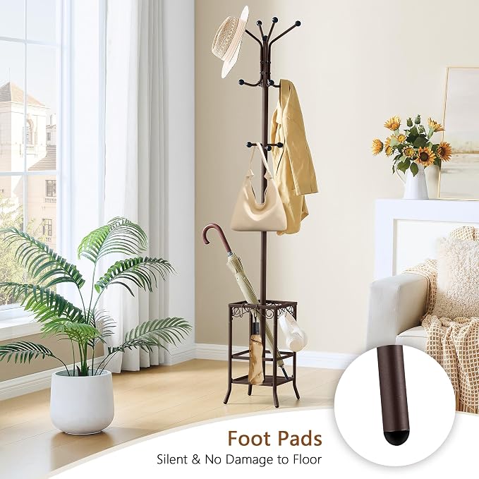 Hoctieon Coat Rack Freestanding, Coat Tree with Umbrella Holder | Metal Coat Rack Stand with 12 Hooks, Standing Coat Hanger Stand, Umbrella Stand for Entryway, Hat Rack Stand for Home Office