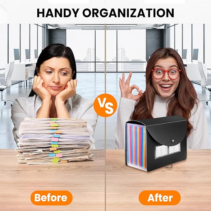 Sooez 24 Pockets Expanding File Folder with Blank Labels, According File Organizer with Expandable Cover, Desktop Accordion Folders Letter A4 Paper Document Storage Organizer, Black