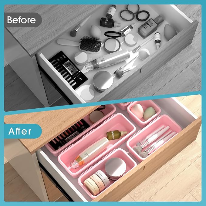 6 PCS Drawer Organizer Set, 3 Size Makeup Drawer Divider Organizer With Non-Slip Pads, Interlocking Plastic Storage Bins for Office,Jewelry Vanity,Gadgets, Bathroom,Kitchen, Pink