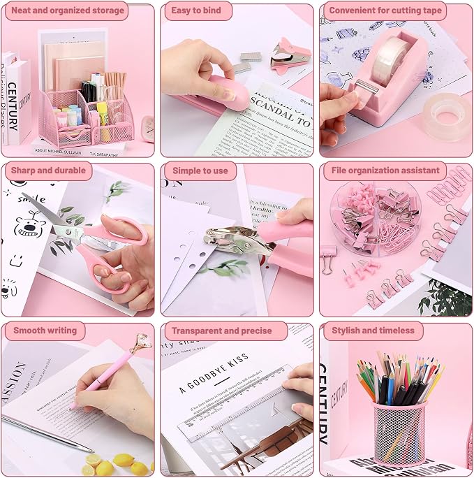 SYMDROMIA 13-in-1 Office Desk Organizer Set with Stapler and Tape Dispenser, Pen Holder, Scissors, Ruler, Hole Punch, 2 Pens & More Desktop Accessories for Back to School Supplies (Pink)