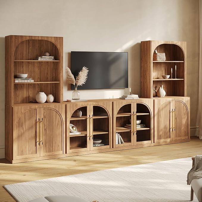 BELLEZE 6-Piece Modular TV Stand Set - 2 Arched Glass Cabinets, 2 Double-Arc Wood Door Bases, and 2 Hutch Units, Classic Modern Entertainment Center with Adjustable Shelves for Living Room(Camel)