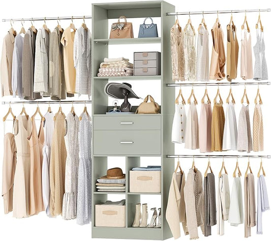Besiost Closet System, 4-8 FT Closet Organizer Tower with 2 Wooden Drawers and Shelves, Can Fit 60 to 96 inch Walk-in Closet System with 5 Hang Rods, Built-in, Crab Green
