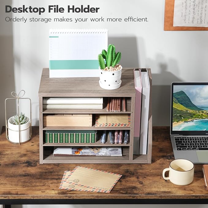 HOOBRO Mail Sorter, Literature Organizer with Adjustable Shelves, Paper Organizer for Office, Home, Wood Countertop Mail Sorter, File Holders, Magazines, Greige BG41WF01N1