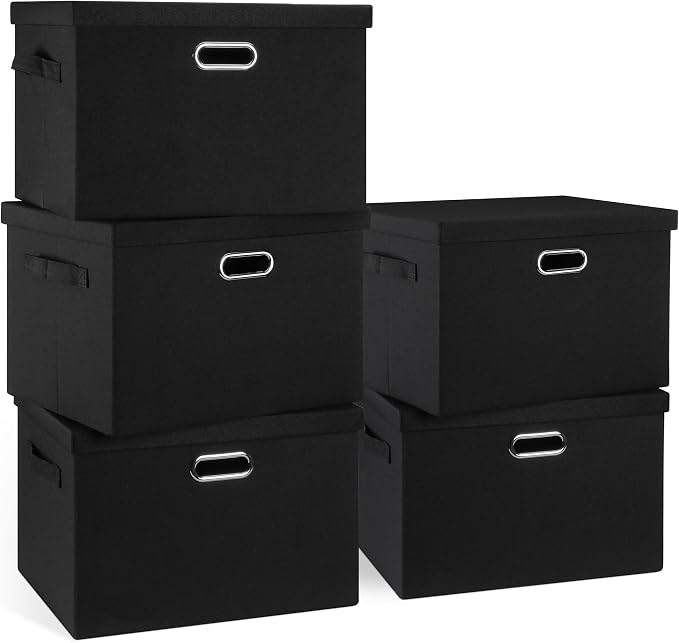 Graciadeco Large 17" 36 Quart Collapsible Stackable Storage Bins with Lids, 5 Packs Black Linen Fabric Closet Boxes with Lids, Storage Cube Baskets Container Organizers for Bedroom Office(17 x12 x11) | 36 Quart 5 Pack Black Collapsible Stackable Linen ...