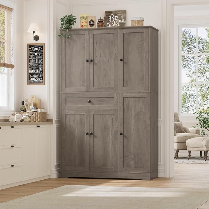 HOSTACK 68" H Kitchen Pantry Storage Cabinet with Doors & Shelves, Ash Gray | Large Pantry Cabinet with Door Rack, Freestanding Kitchen Storage Cabinet with Drawer, Food Pantry for Dining Living room