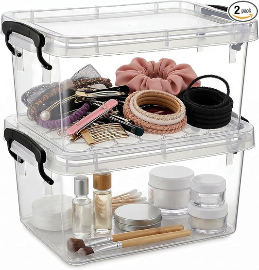 2 Pack 2 QT Plastic Storage Bins with Lids | Clear Stackable Bins with Secure Latches and Handles Heavy-Duty Storage Containers For Home Office and Garage Organization