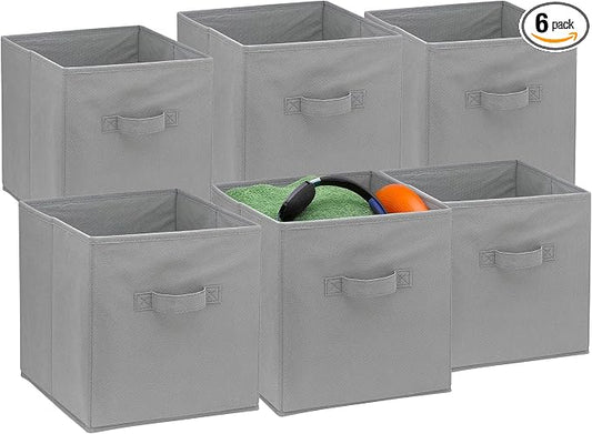 Handy Laundry Foldable Cube Storage Bins - 6 Pack - Decorative Fabric Storage Cubes are Collapsible & Great Organizer for Shelf, Closet or Underbed. Convenient for Clothes or Kids Toy Storage (Grey)