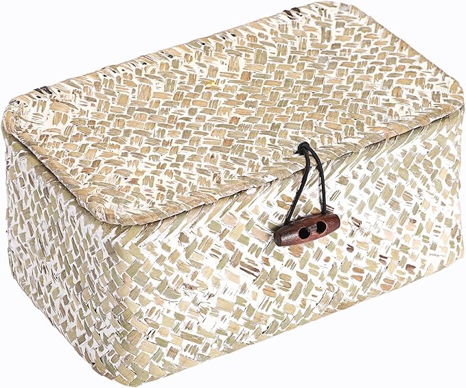 Hipiwe Mini Seagrass Shelf Basket with Lid Decorative Woven Box, 7x4.3x3.3" | Wicker Storage Bins for Shelf Home Decor, Multipurpose Desktop Basket Organizer for Keys Remote Control, Whitewash