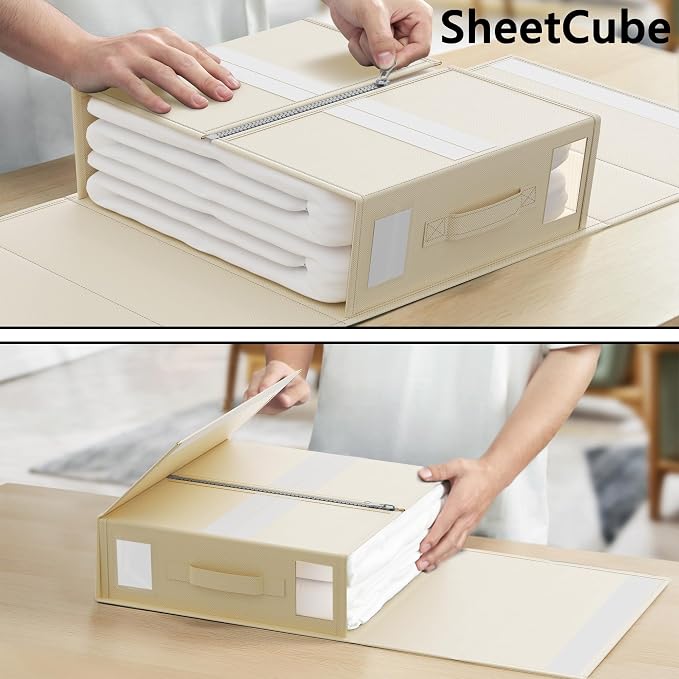SheetCube Bed Sheet Organizers and Storage 8 Pack, Foldable Linen Closet Organizer with Window and Label, Bedding Folder Storage Box Container for Blanket, Duvet Cover Set, Bed Sheet Set - Beige