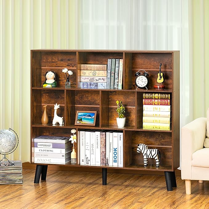 LEYAOYAO 10 Cube Bookshelf, Mid-Century Modern Book Shelf with Legs, Brown | 3 Tier Bookcase, Rustic Wood Bookshelves Freestanding Large Storage Organizer, Open Shelves for Bedroom, Living Room, Office