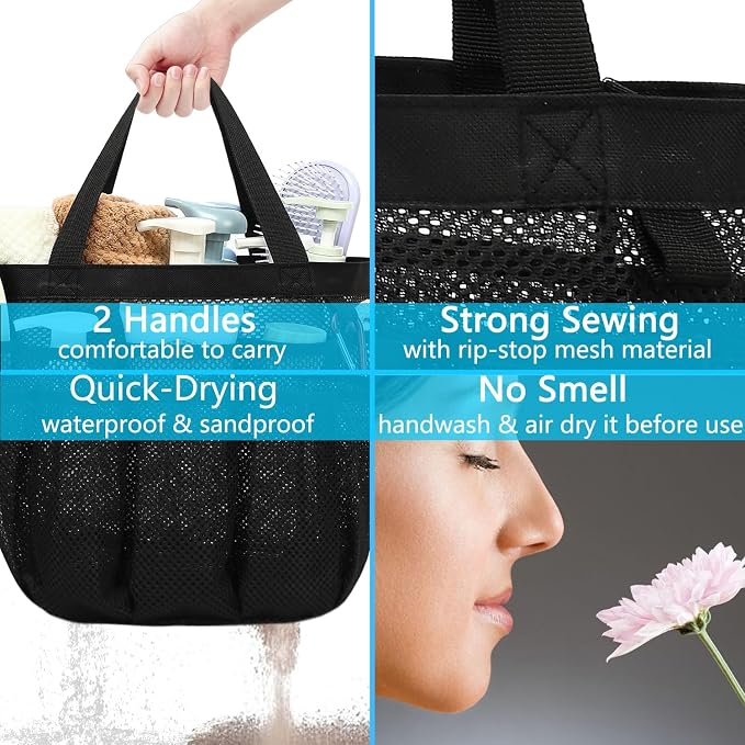 Fammart Mesh Shower Caddy Portable for College Dorm Room Essentials, Odorless Polyester Large Shower Tote Bag with Dual Handles, 8-Pocket Quick-Dry Toiletry Organizer for Travel, Beach, Camping, Gym