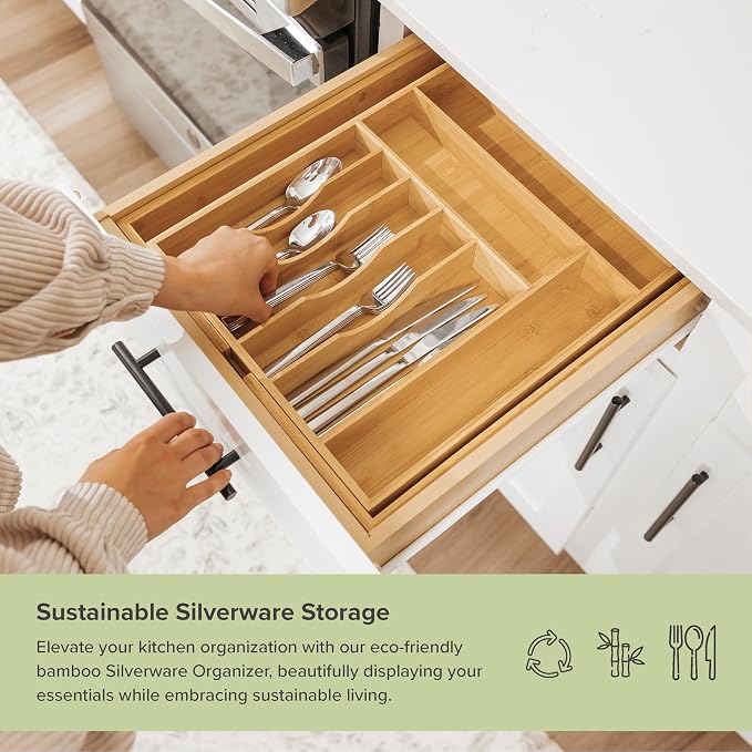 KitchenEdge Silverware & Utensil Drawer Organizer, 14-25 in, Bamboo | Cutlery, flatware, food-safe contract grade, kitchen drawer fit