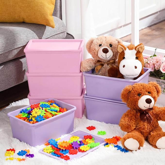 6 Pcs Storage Bins with Lids Small Plastic Storage Containers Stackable Storing Baskets Box Cute Organizer Bins for Organizing Shelves (Pink,Purple,Orange)