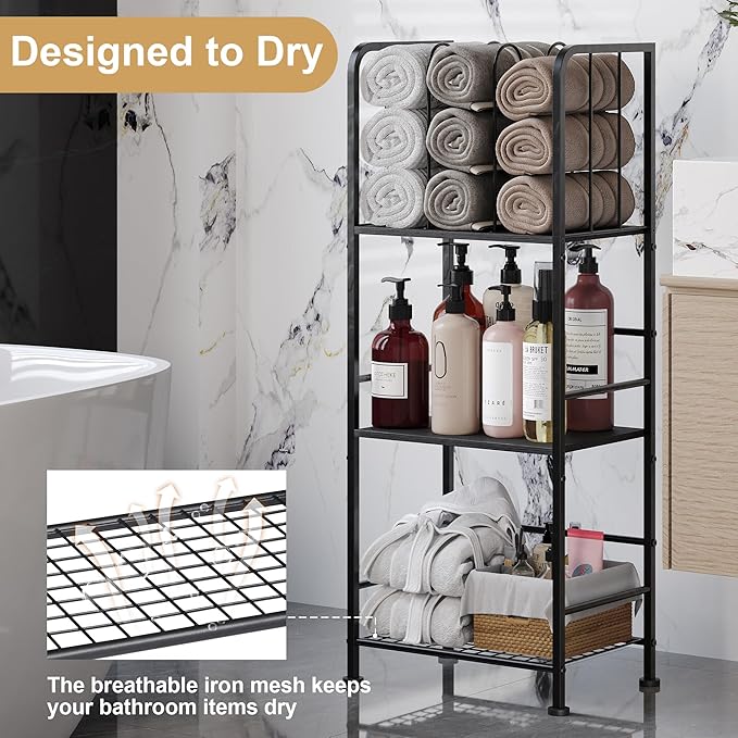 3-Tier Freestanding Towel Racks for Bathroom, Black Towel Rack Stand | Detachable M-shaped Dividers for Bath Towel Storage Premium Iron & Wood Holder Crafted for Bathroom Organization