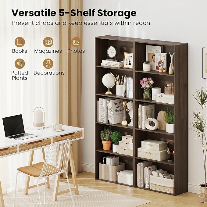 Giantex 5-Tier Bookshelf Set of 2, Freestanding Bookcase with 5 Open Shelf | Modern Display Shelf, Storage Organizer for Living Room, Home Office, Dark Walnut