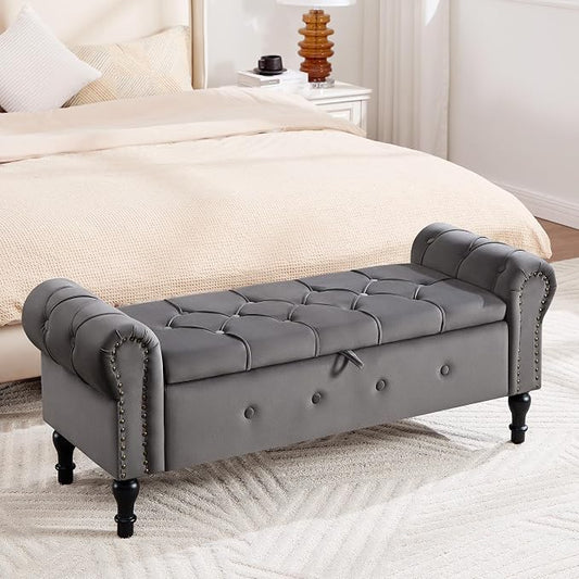 Storage Bench 51" Velvet End of Bed Benches Dark Grey | Queen Size Storage Bench for Bedroom with Rolled Arms Tufted Ottoman Benches Upholstered Bench for Living Room Entryway