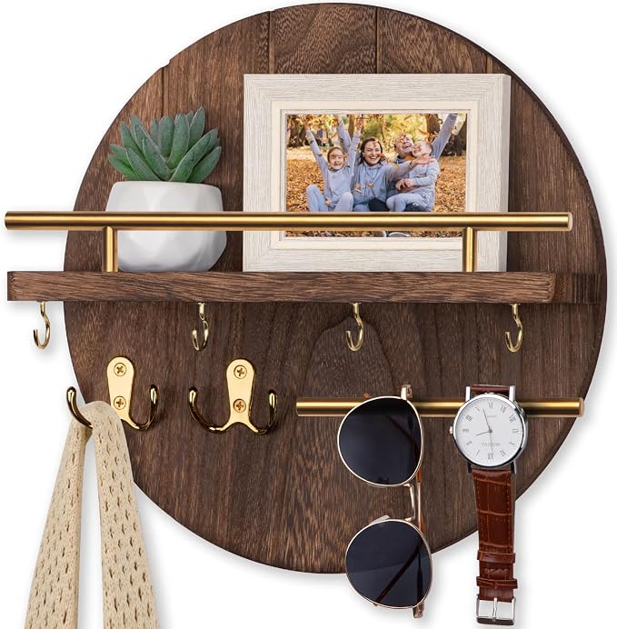 Nekon Key Holder Wall Mount, 11.8 Inch Rack With Shelf and 6 Hooks, Rustic Mail Organizer, Circular Wooden Hanger for Entryway Hallway Kitchen (Brown&Gold)