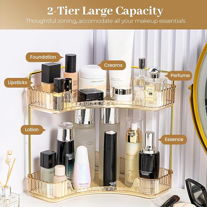 Aveniee Corner Bathroom Counter Organizer, Bathroom Countertop Shelf Makeup Organizer for Vanity Perfume Tray for Corner Storage (2 Tiers, Gold)