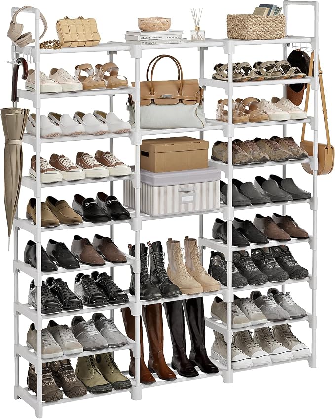 WOWLIVE 9 Tier 3-Column Shoe Rack, 50-55 Pairs Stackable White | 50in long for larger entryways. Removable shelves fit tall boots. Split into multiple units for garage/closet.