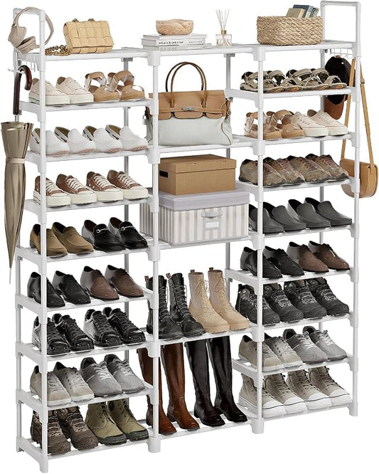 WOWLIVE 9 Tier 3-Column Shoe Rack, 50-55 Pairs Stackable White | 50in long for larger entryways. Removable shelves fit tall boots. Split into multiple units for garage/closet.