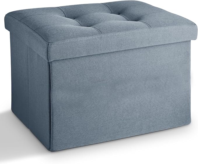 LINMAGCO Storage Ottoman Folding Foot Stool Ottoman with Side Pocket Modern Short Sofa Stool Linen Cloth 17x13x13(FogBlue)