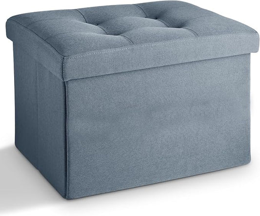 LINMAGCO Storage Ottoman Folding Foot Stool Ottoman with Side Pocket Modern Short Sofa Stool Linen Cloth 17x13x13(FogBlue)