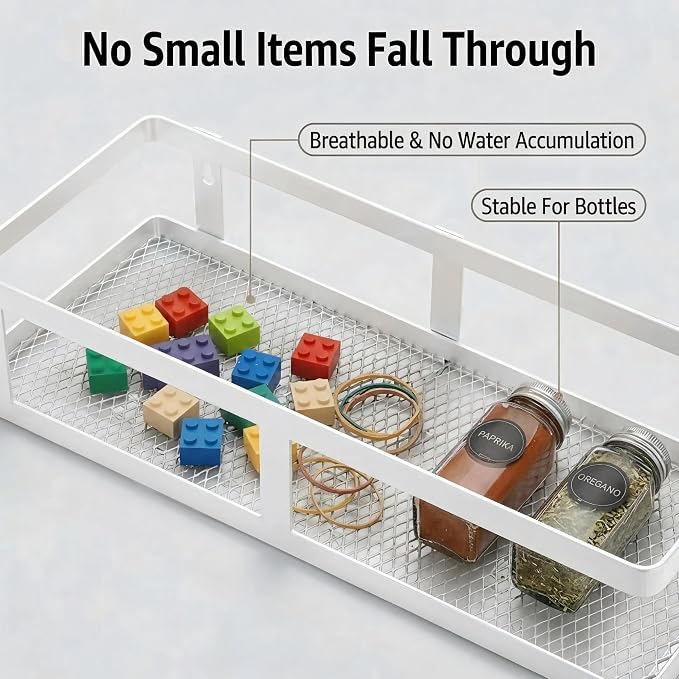PUSDON 2-Pack Minimalist Shower Caddy Wall Mount, Open Frame Bathroom Shelf Organizer with Mesh Base, Rustproof Floating Spice Rack for Kitchen, Holds 50 LBS, 4 Hooks - White, Guardrail