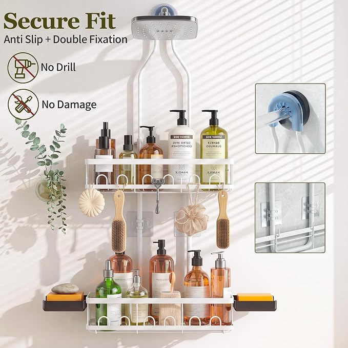 Skyapex Shower Caddy Hanging: Adjustable Height Organizer for Over Showerhead - Rustproof Shower Shelves with Hooks & 2 Soap Holders, White