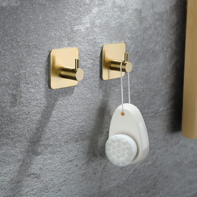 Taozun Golden Towel Bar - Self Adhesive Towel Holder + 2 Packs Hooks, 16-in | Brushed Brass Finish, SUS304 Stainless Steel, Rustproof, No Drilling, Ideal for Bathroom, Kitchen, RV