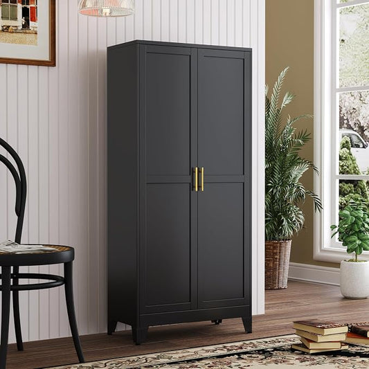 PAOFIN Metal Kitchen Pantry Storage Cabinet with 2 Doors and 3 Adjustable Shelves,Pantry Cabinet with Adjustable Leveling Foot for Kitchen, Living Room, Dining Room（Black）