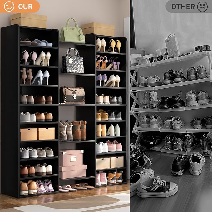 Unikito 14-Tier Shoe Cabinet, Wood Storage Organizer for Entryway, Black | 22 Open Cubbies, Freestanding Footwear Rack Shelf for Front Door Entrance, Living Room, Hallway, Bedroom, Home Wooden